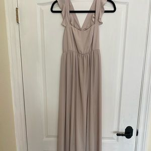 Floor length grey dress with racer back ruffle